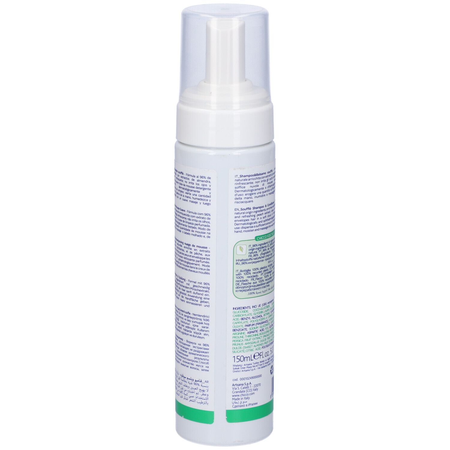 Retro del flacone bianco. Testo multilingue. Striscia verde in basso. Loghi e informazioni.