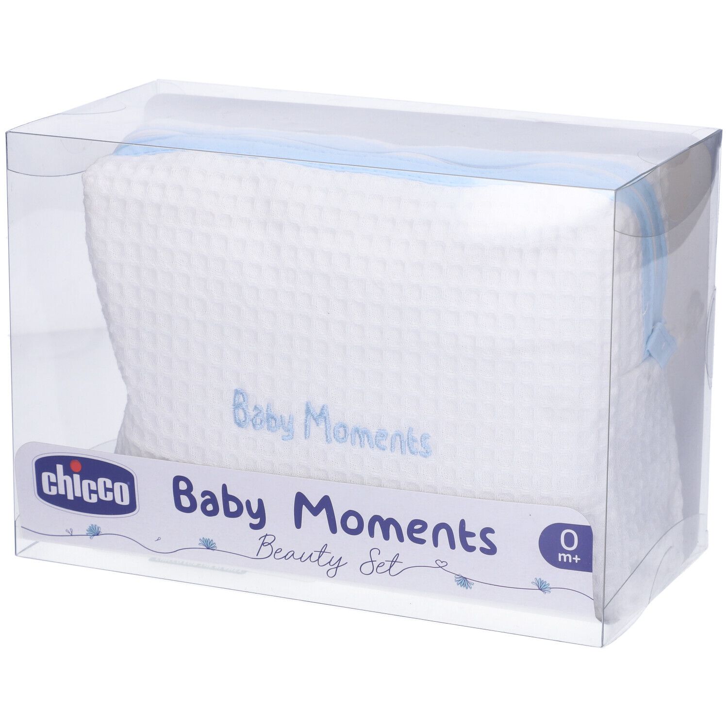 Chicco Baby Moments Beauty Set in confezione trasparente. Contiene un beauty case bianco con zip blu.