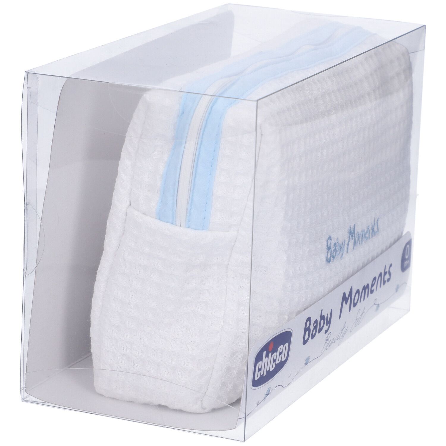 Chicco Baby Moments Beauty Set in confezione trasparente. Beauty case bianco con zip blu, nella confezione.
