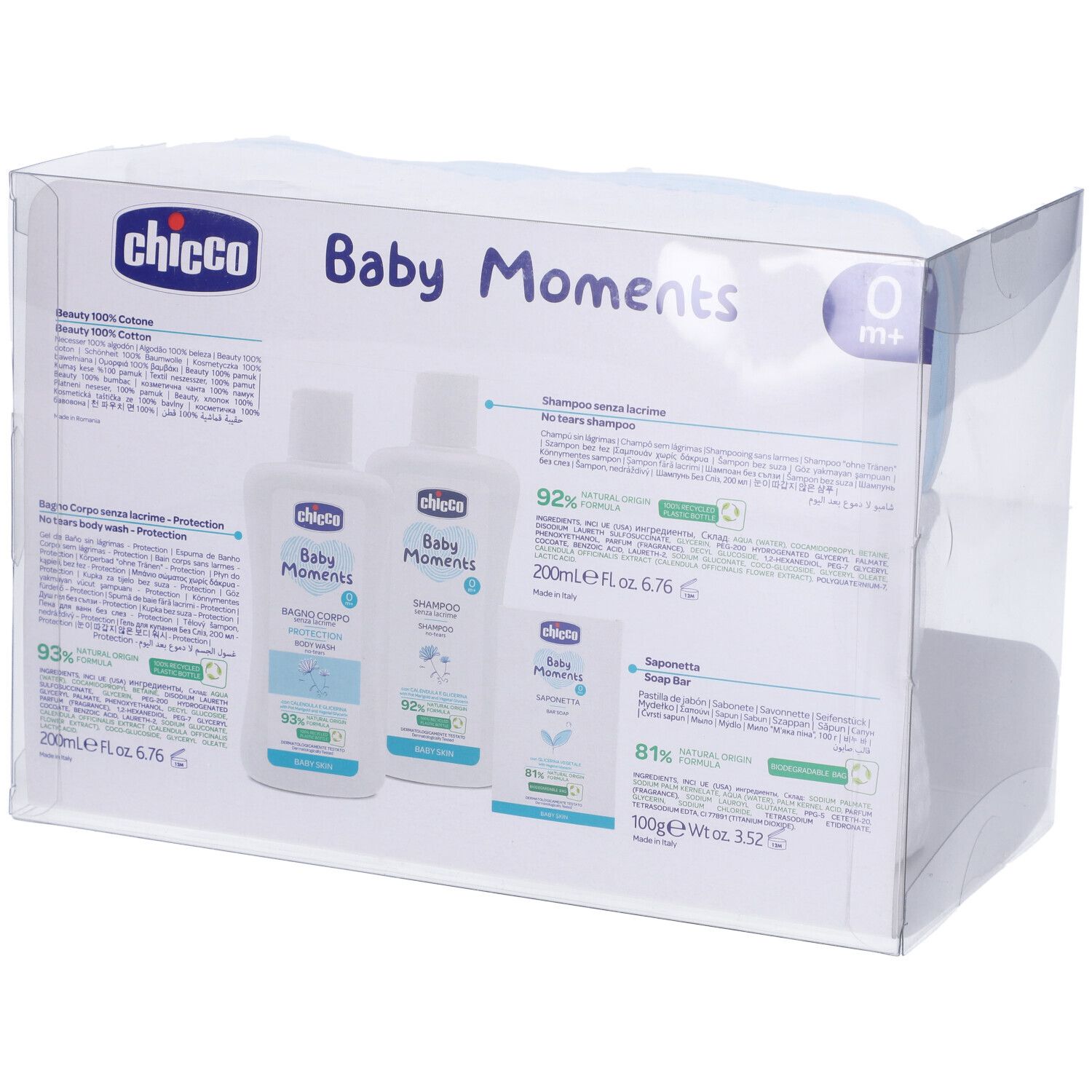 Chicco Baby Moments Beauty Set in confezione trasparente. Contiene beauty case e prodotti per la cura. Retro con informazioni prodotto.