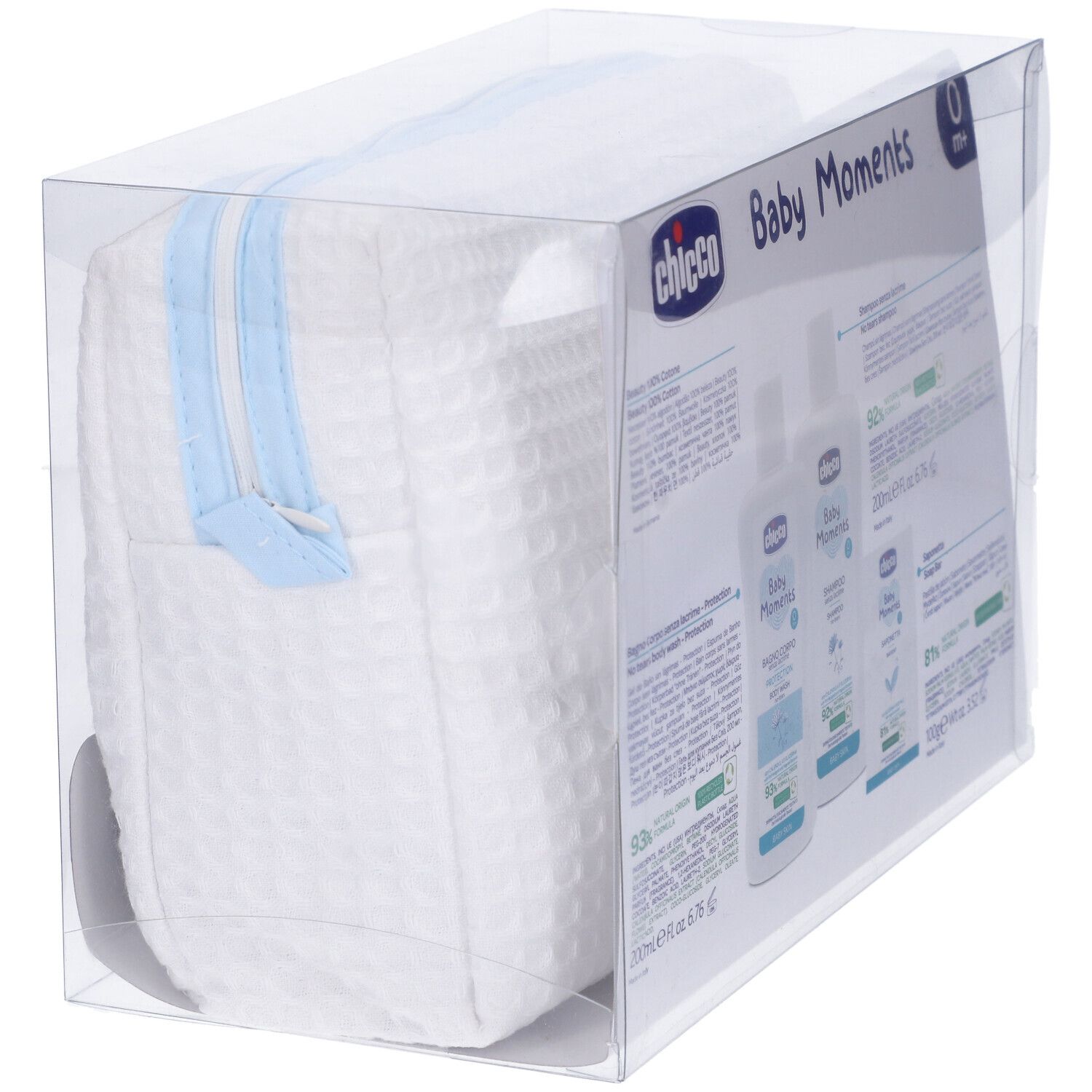 Chicco Baby Moments Beauty Set in confezione trasparente. Contiene beauty case e prodotti per la cura. Vista laterale.