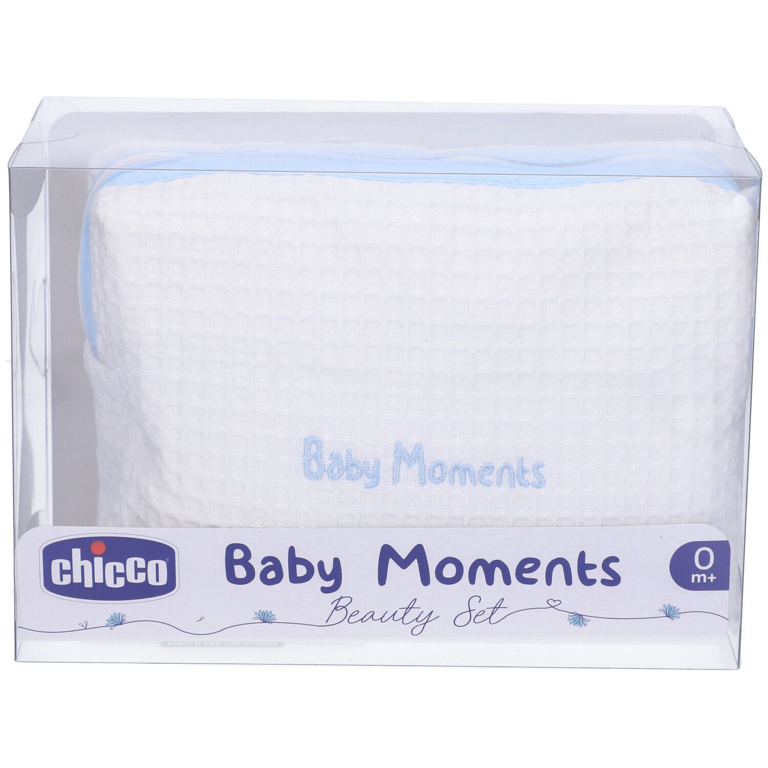 Chicco Baby Moments Beauty Set in confezione trasparente. Beauty case bianco con zip blu. Età consigliata: 0+.