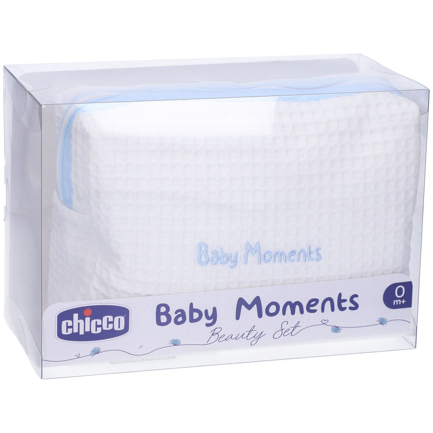 Chicco Baby Moments Beauty Set in confezione trasparente. Beauty case bianco con zip blu. Età consigliata: 0+.