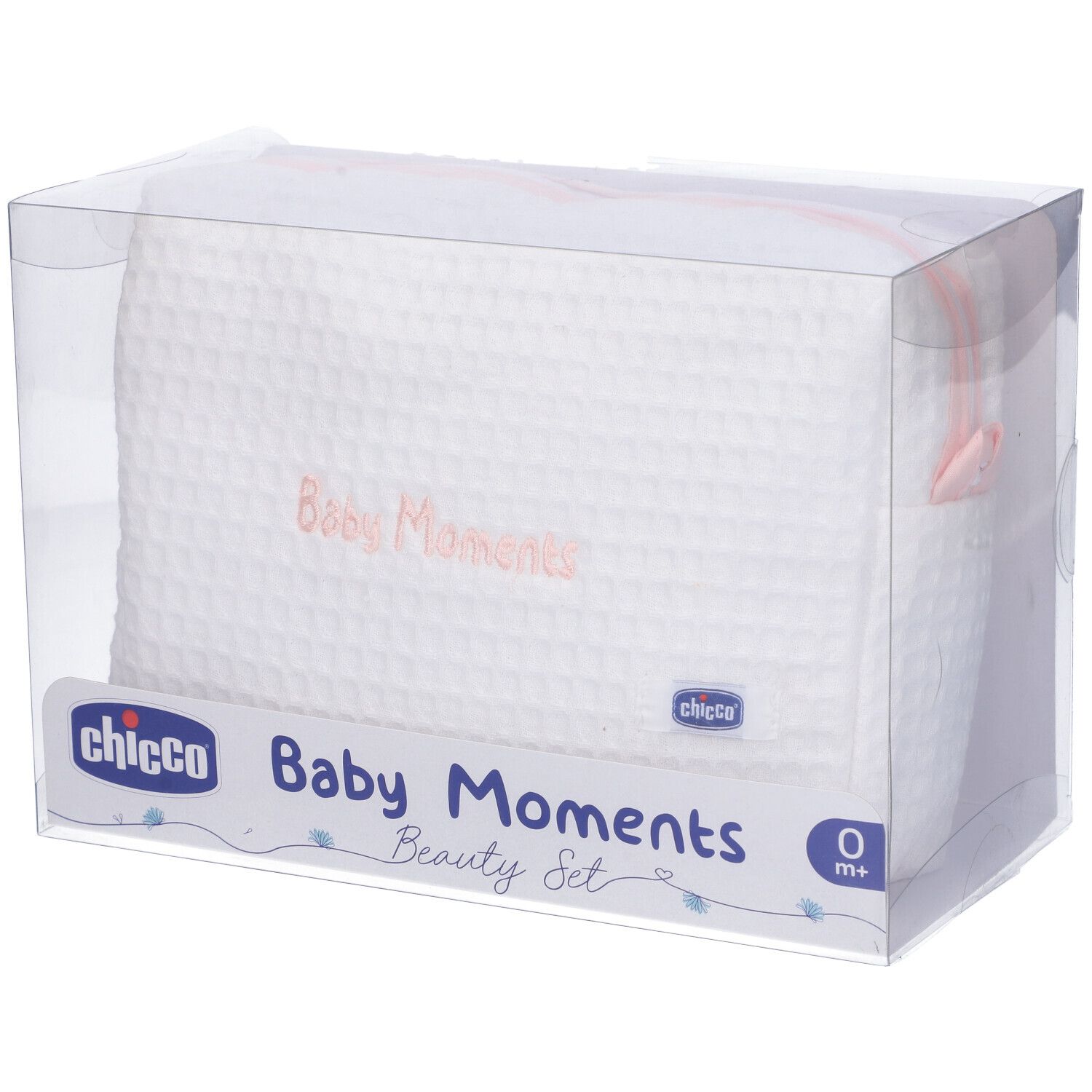 Beauty bag bianca in confezione trasparente. Scritta Baby Moments e logo Chicco.