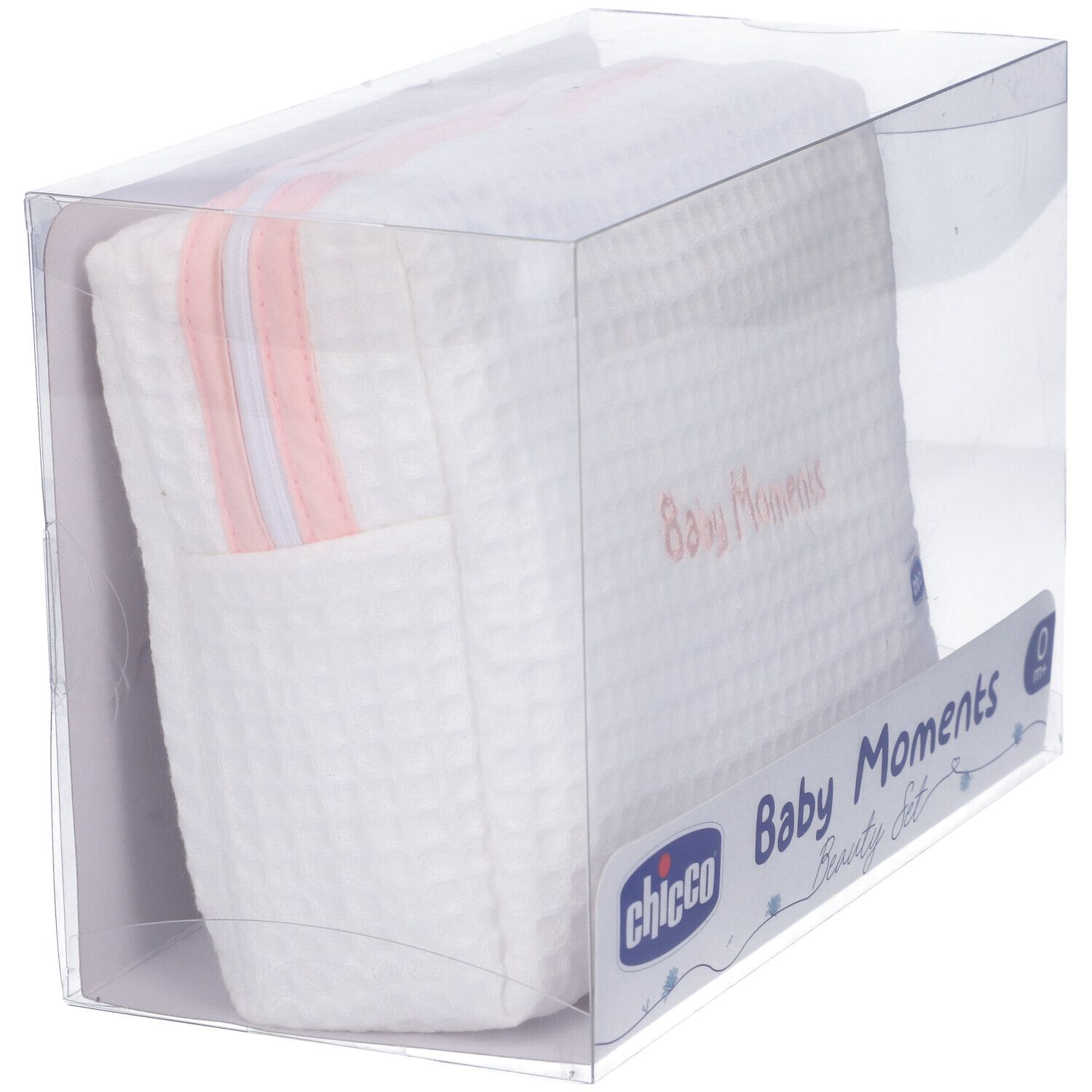 Beauty bag bianca con zip rosa in confezione trasparente. Scritta Baby Moments.