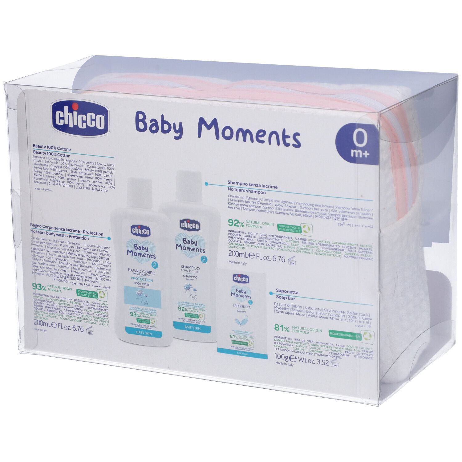 Confezione con beauty bag, flaconi e sapone. Scritta Baby Moments e logo Chicco.