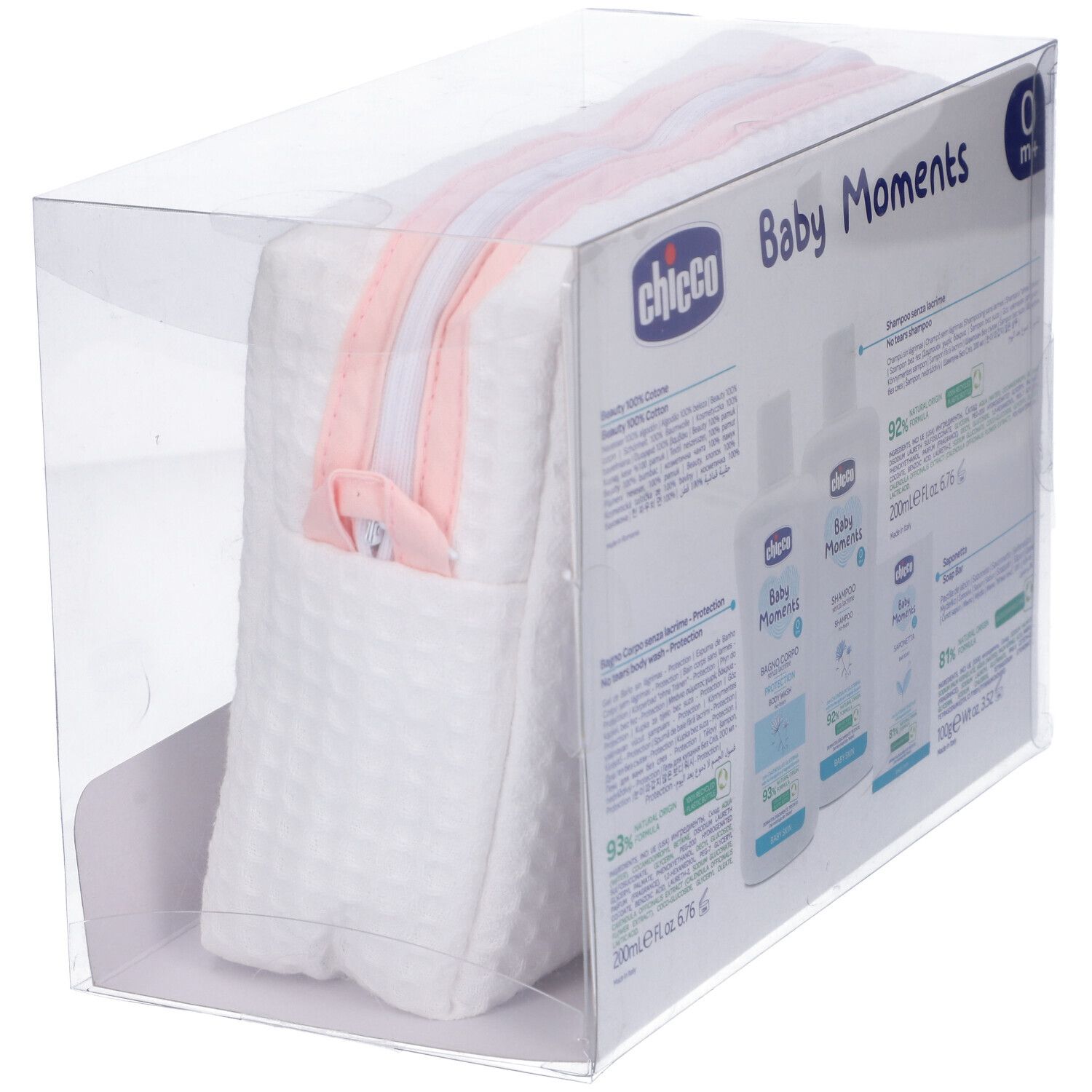 Beauty bag con zip rosa in confezione trasparente. Scritta Baby Moments e logo Chicco.