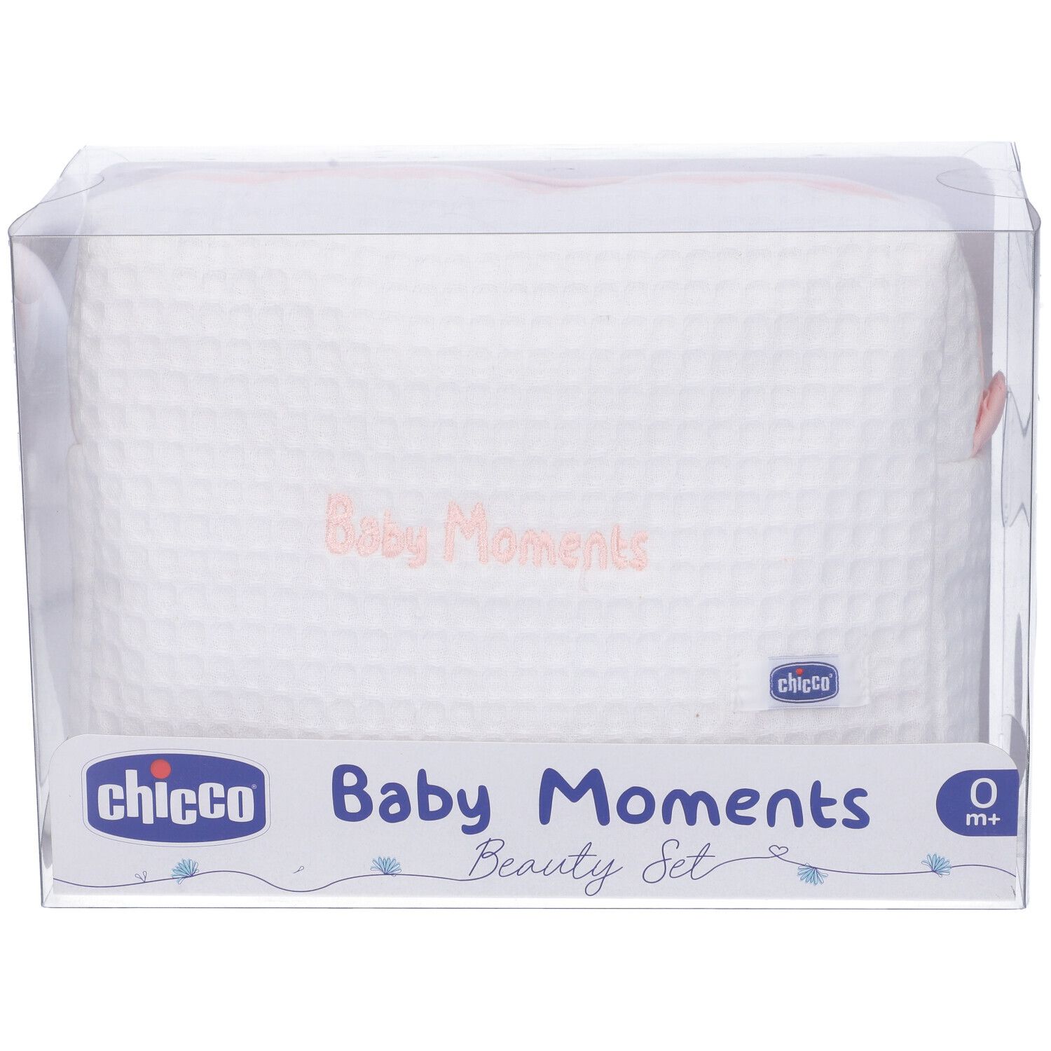 Beauty bag bianca in confezione trasparente. Scritta Baby Moments e logo Chicco.