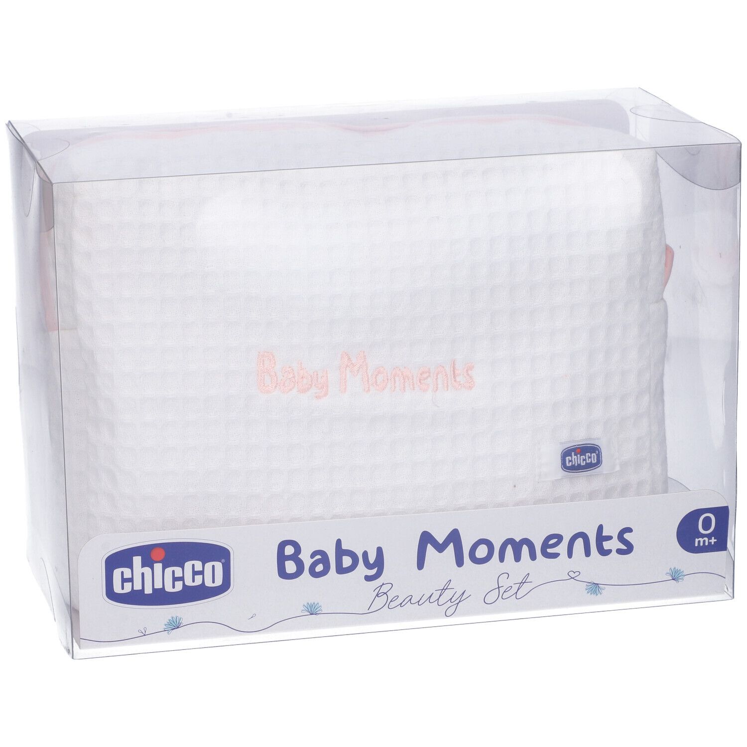 Beauty bag bianca in confezione trasparente. Scritta Baby Moments e logo Chicco.