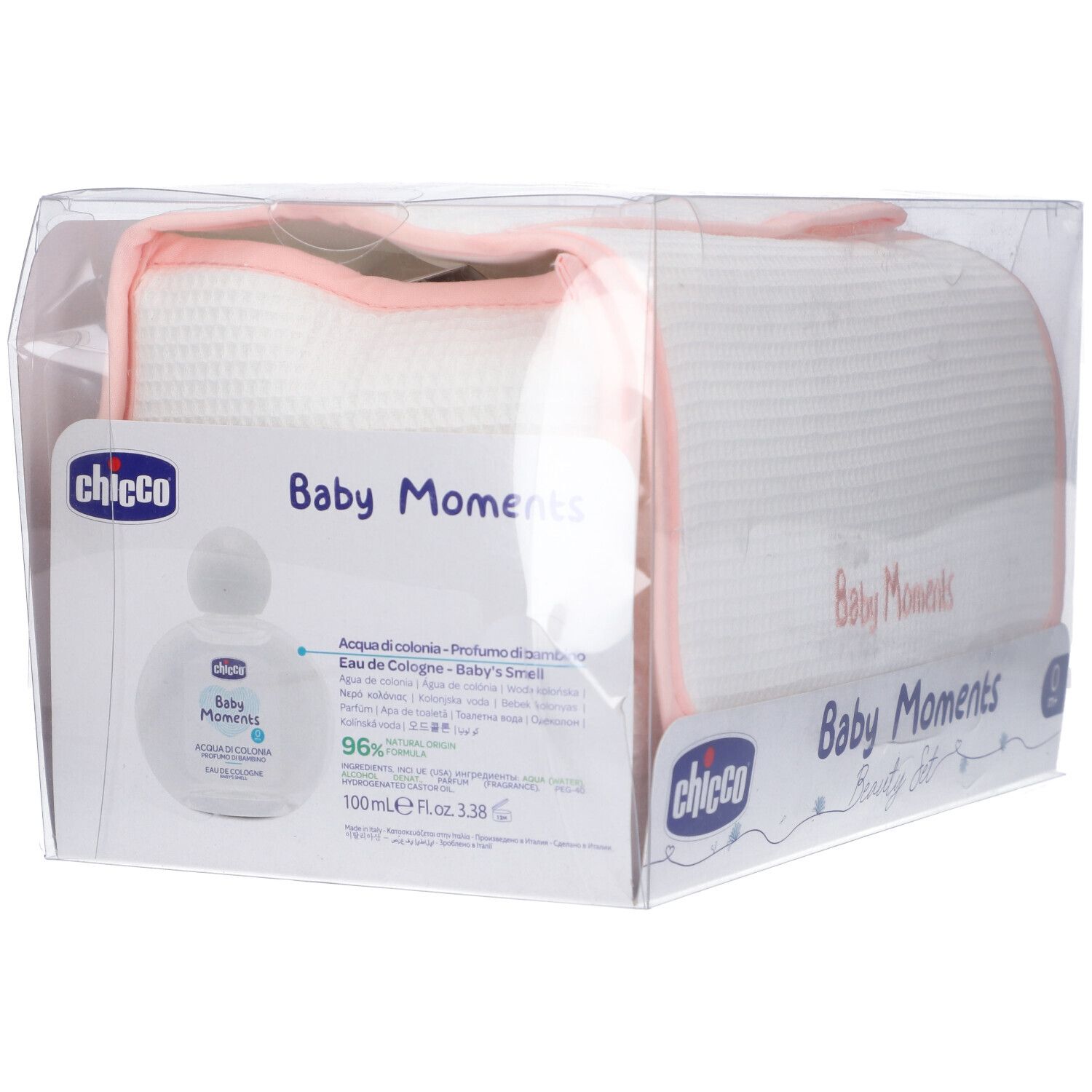 Set regalo Chicco Baby Moments con acqua di colonia e asciugamano in spugna bianco con bordo rosa.