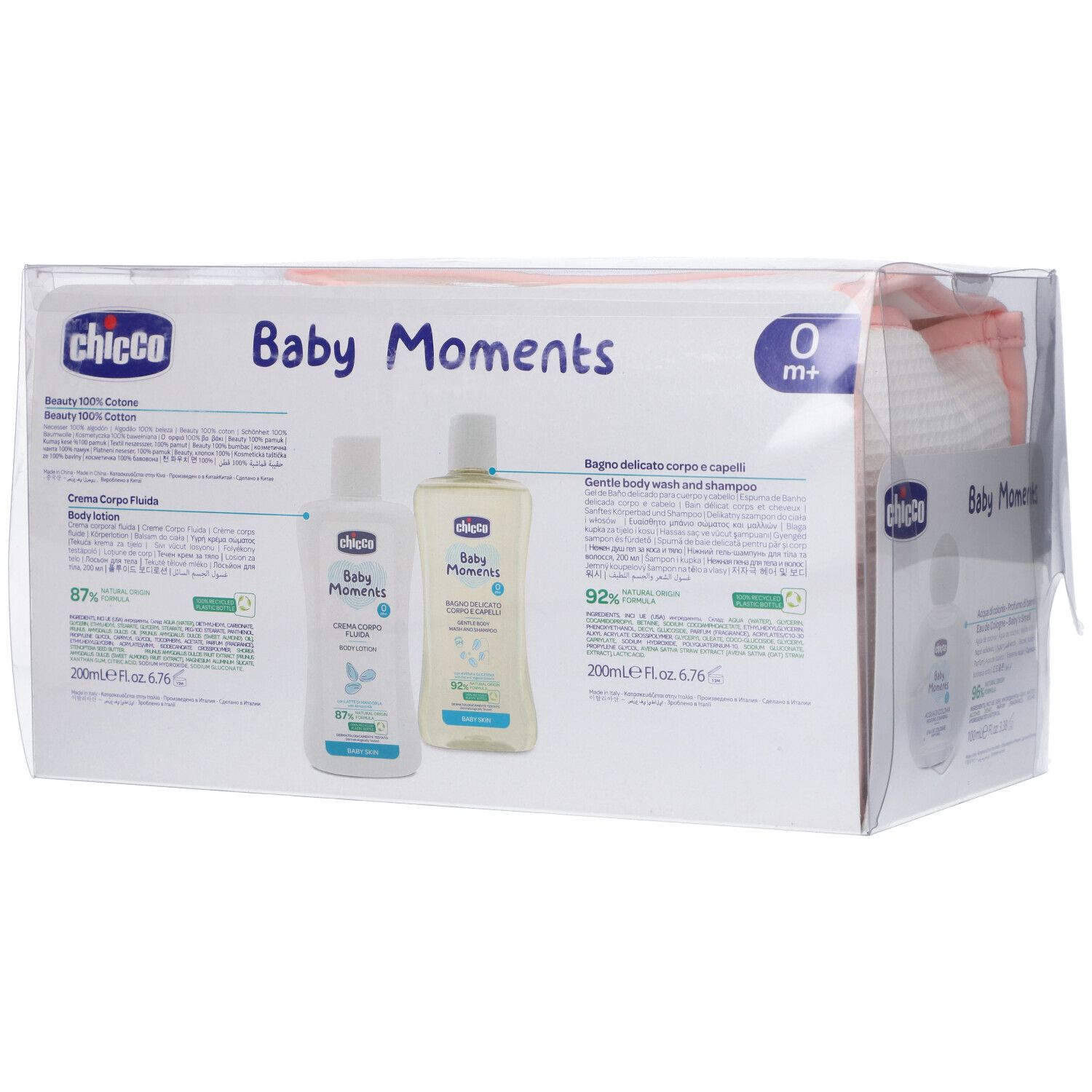 Set regalo Chicco Baby Moments con lozione corpo e bagnoschiuma.