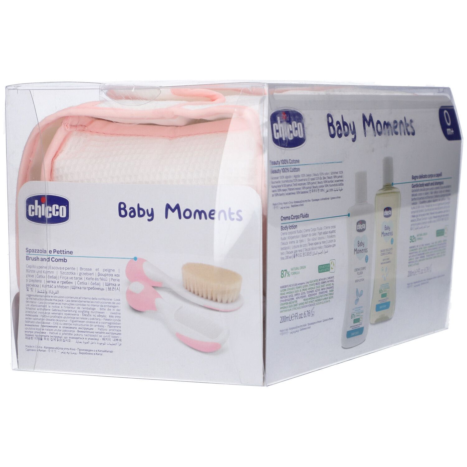 Set Chicco Baby Moments con spazzola e pettine, colori rosa e bianco.
