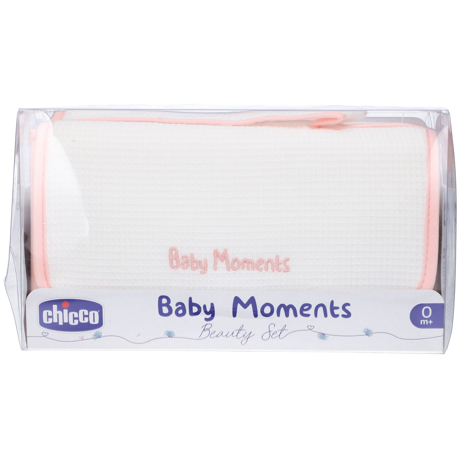 Chicco Baby Moments Beauty Set bianco e rosa, in confezione trasparente.