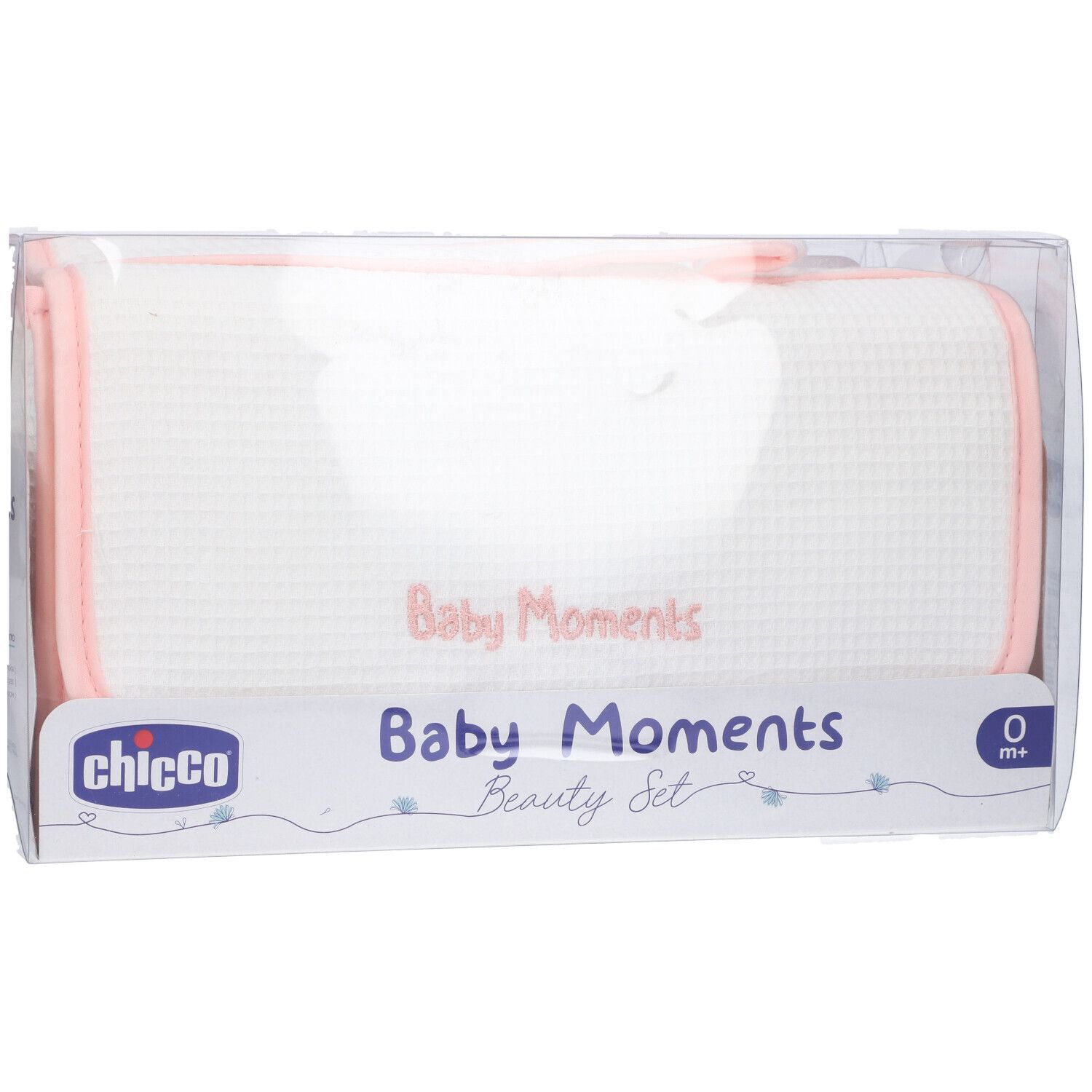 Chicco Baby Moments Beauty Set in confezione trasparente. Pochette bianca con bordo rosa.
