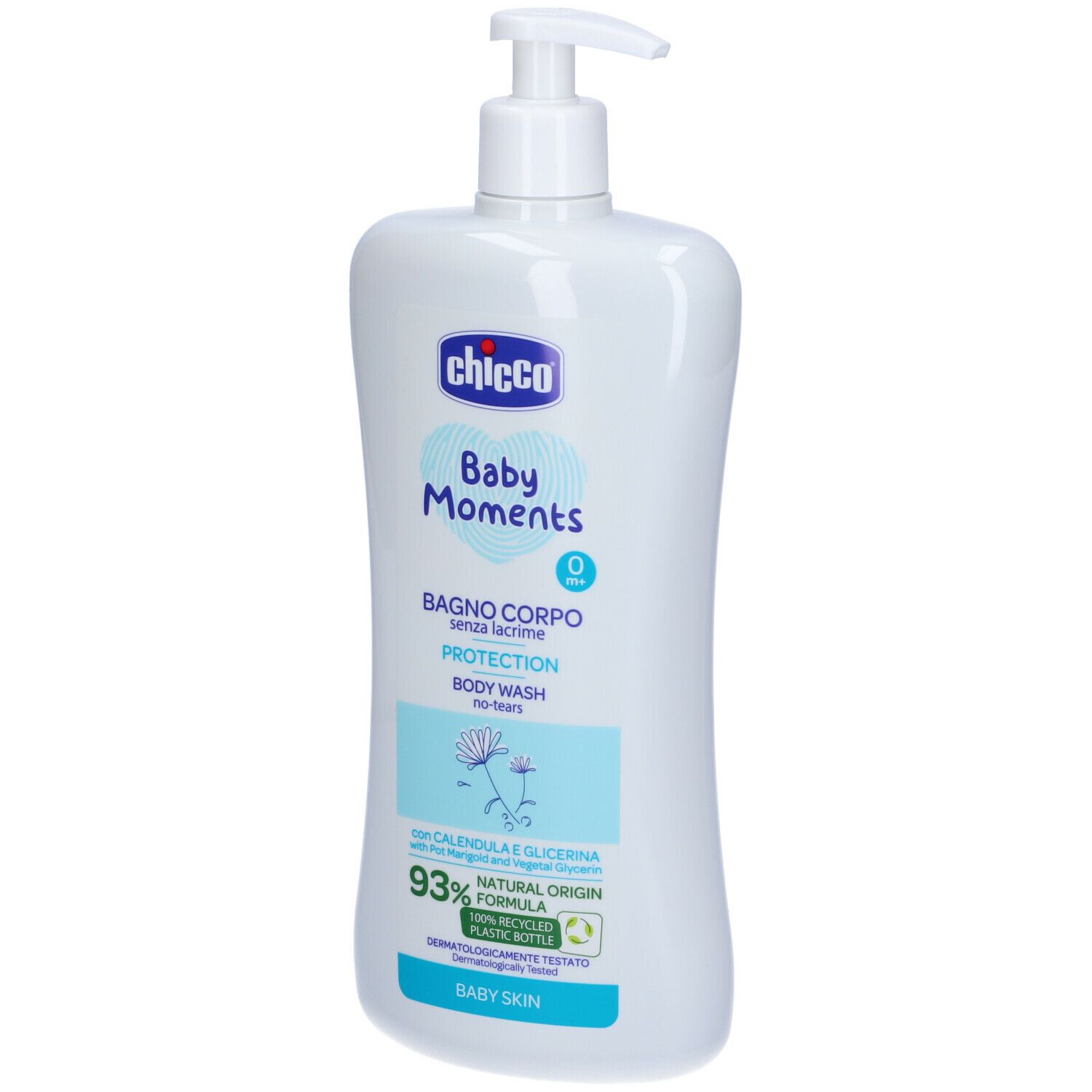 Flacone bianco di bagnoschiuma per bambini con pompa. Scritta: Chicco Baby Moments, Bagno Corpo, Protection, formula naturale al 93%.