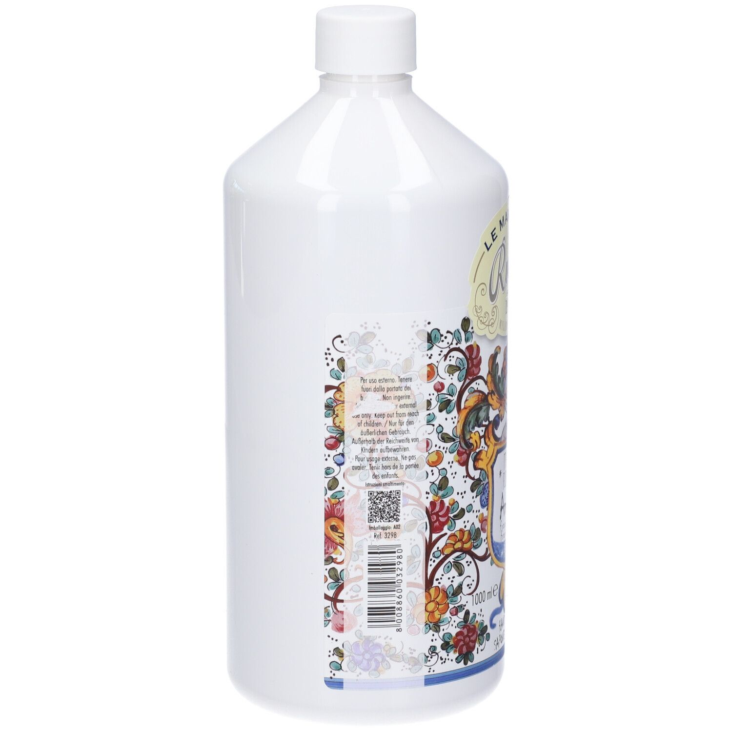 Retro del flacone bianco Rudy Profumi Sapone Liquido Mani con etichetta e codice a barre.