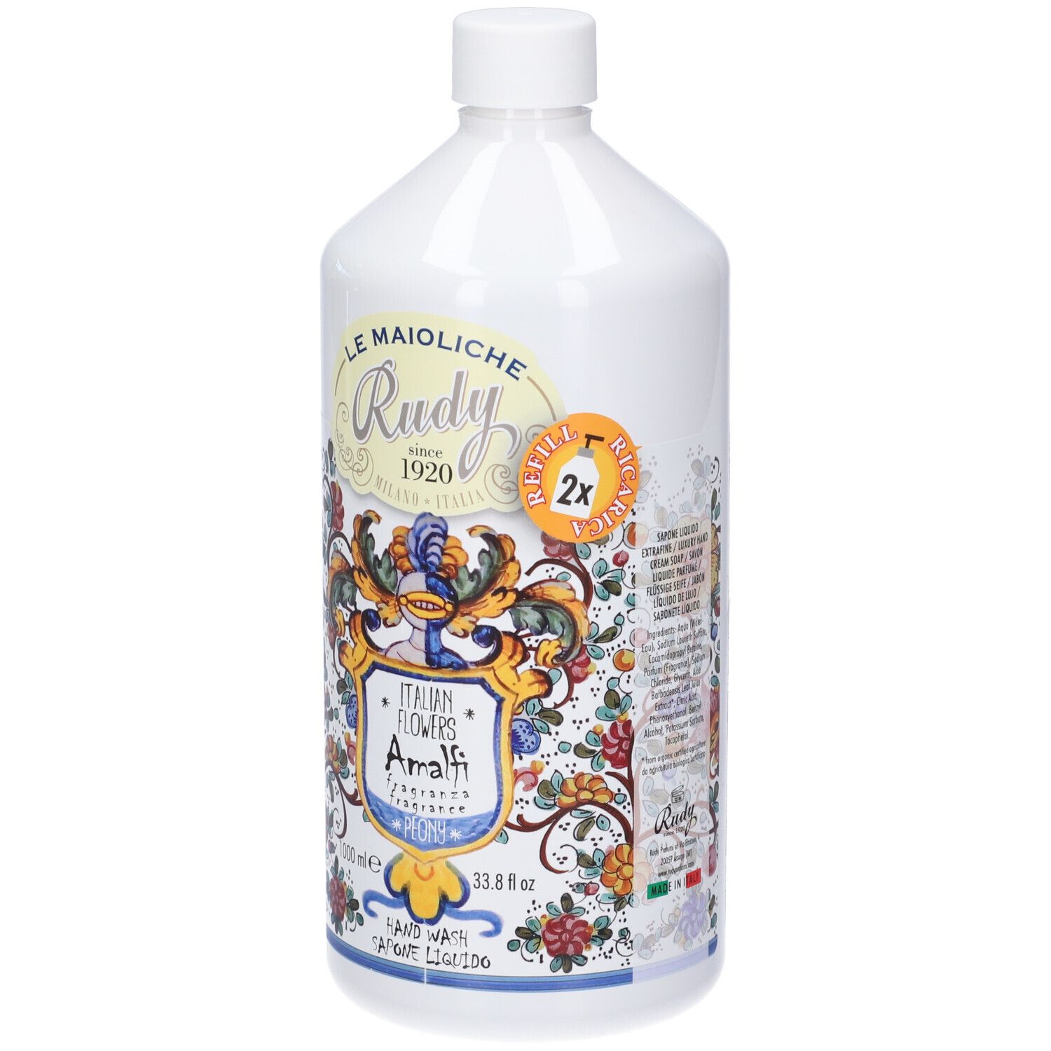 Flacone bianco Rudy Profumi Sapone Liquido Mani, 1000ml, design Amalfi con accenti floreali.