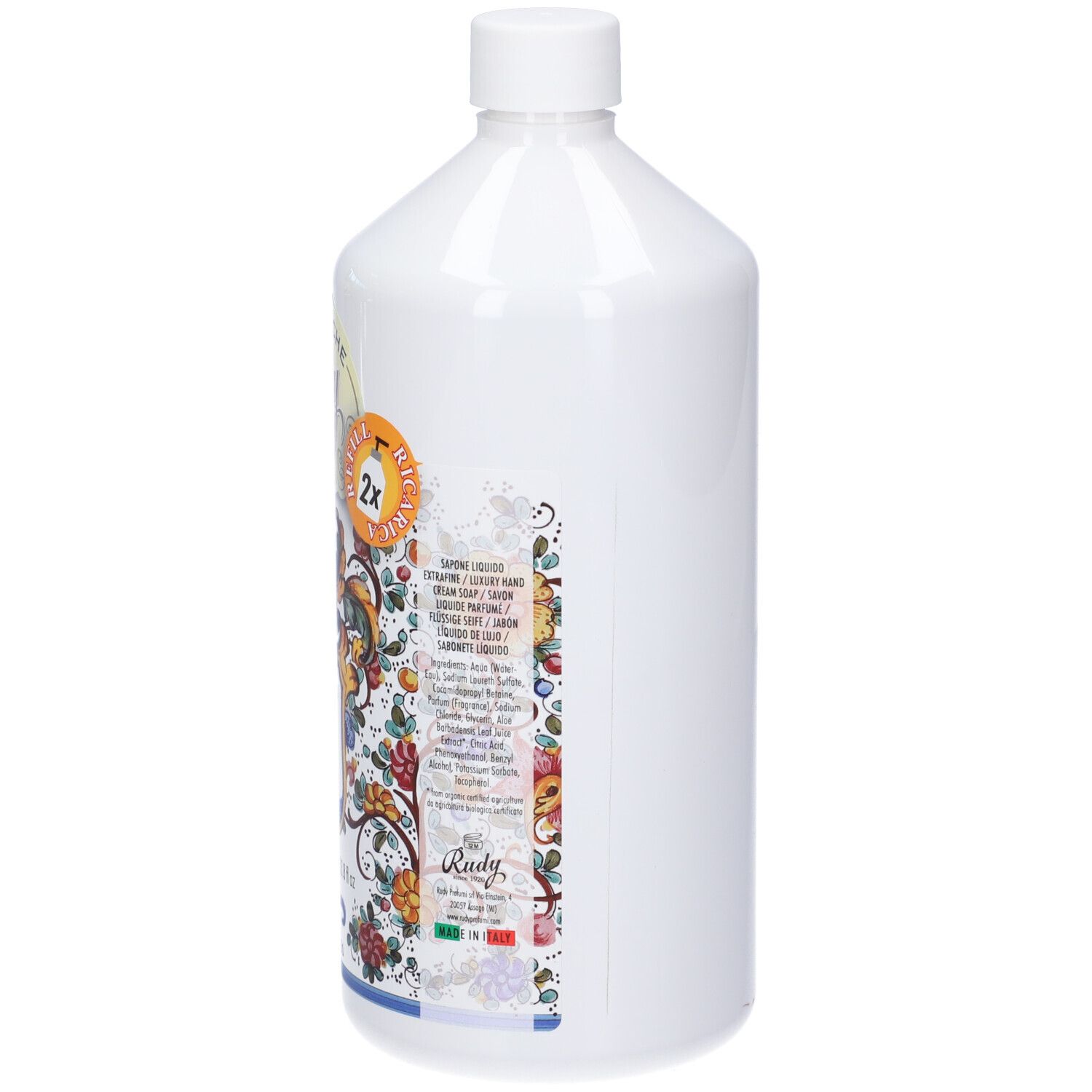 Retro del flacone bianco Rudy Profumi Sapone Liquido Mani con etichetta dettagliata.