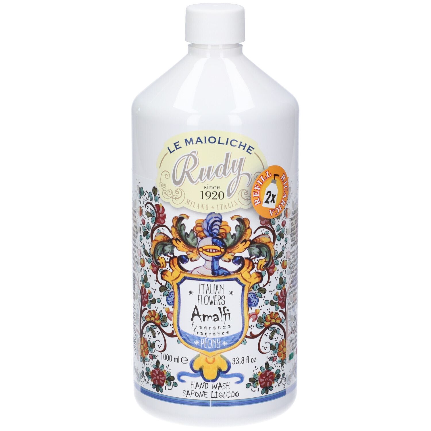 Flacone bianco Rudy Profumi Sapone Liquido Mani, 1000ml, design Amalfi, adesivo "2x".