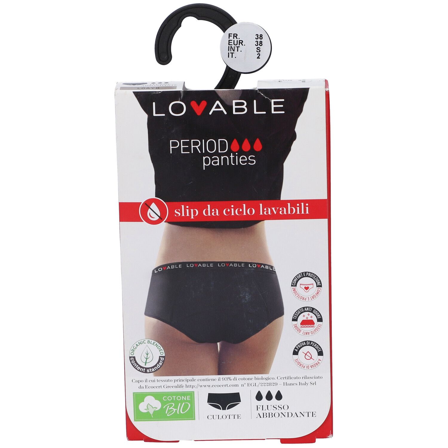 Culotte per il ciclo, nera, taglia S, su appendino con confezione.