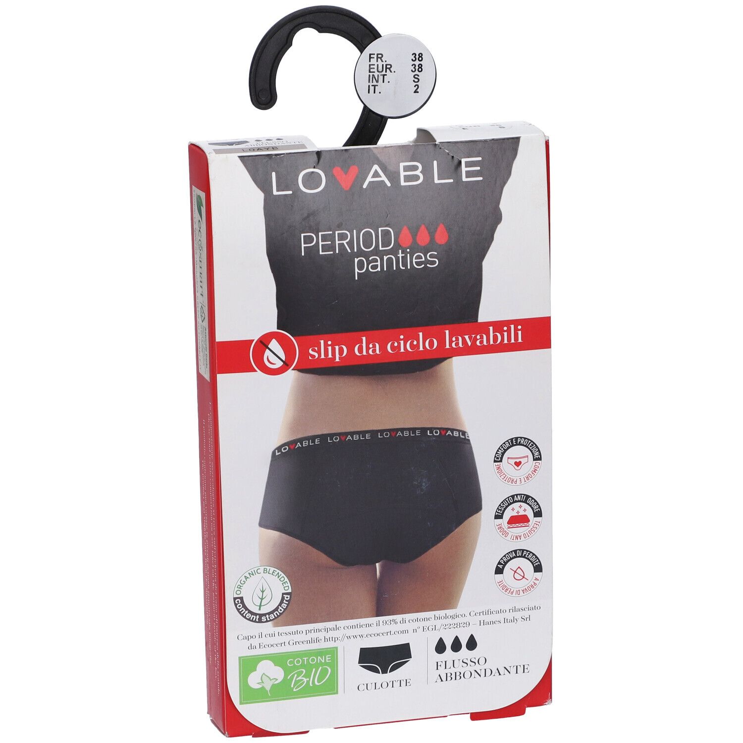 Confezione di culotte per il ciclo, nera, taglia S, su appendino.