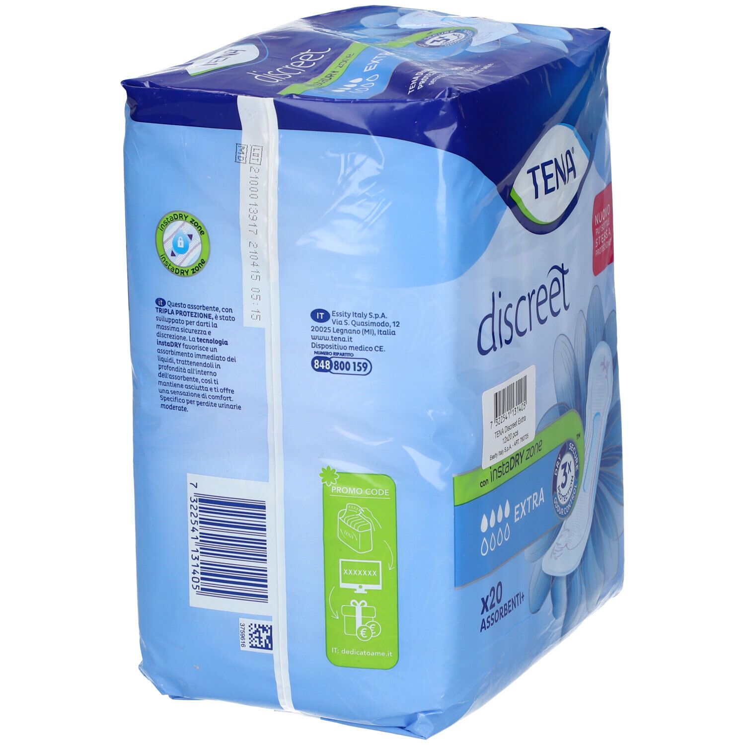 Confezione di TENA discreet Extra. Confezione blu con immagine del prodotto e testo. Contiene 20 pezzi.