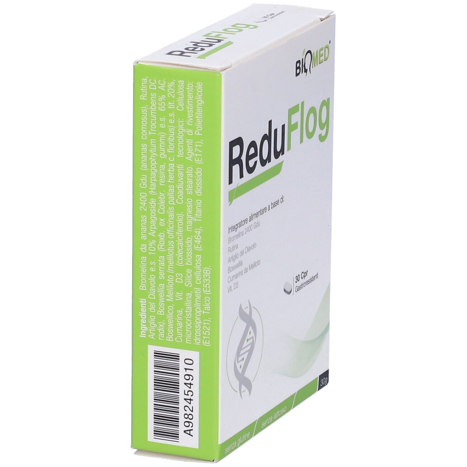 Scatola bianca "ReduFlog". Contiene 30 compresse. Marchio BIQMED. Retro con ingredienti.