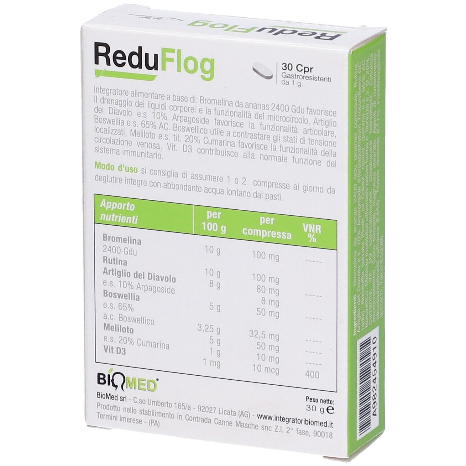 Retro della scatola bianca "ReduFlog". Contiene 30 compresse. Marchio BIQMED. Tabella nutrizionale.