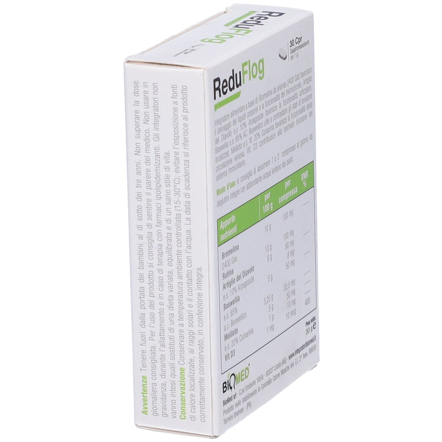 Retro della scatola bianca "ReduFlog". Contiene 30 compresse. Marchio BIQMED. Avvertenze e uso.