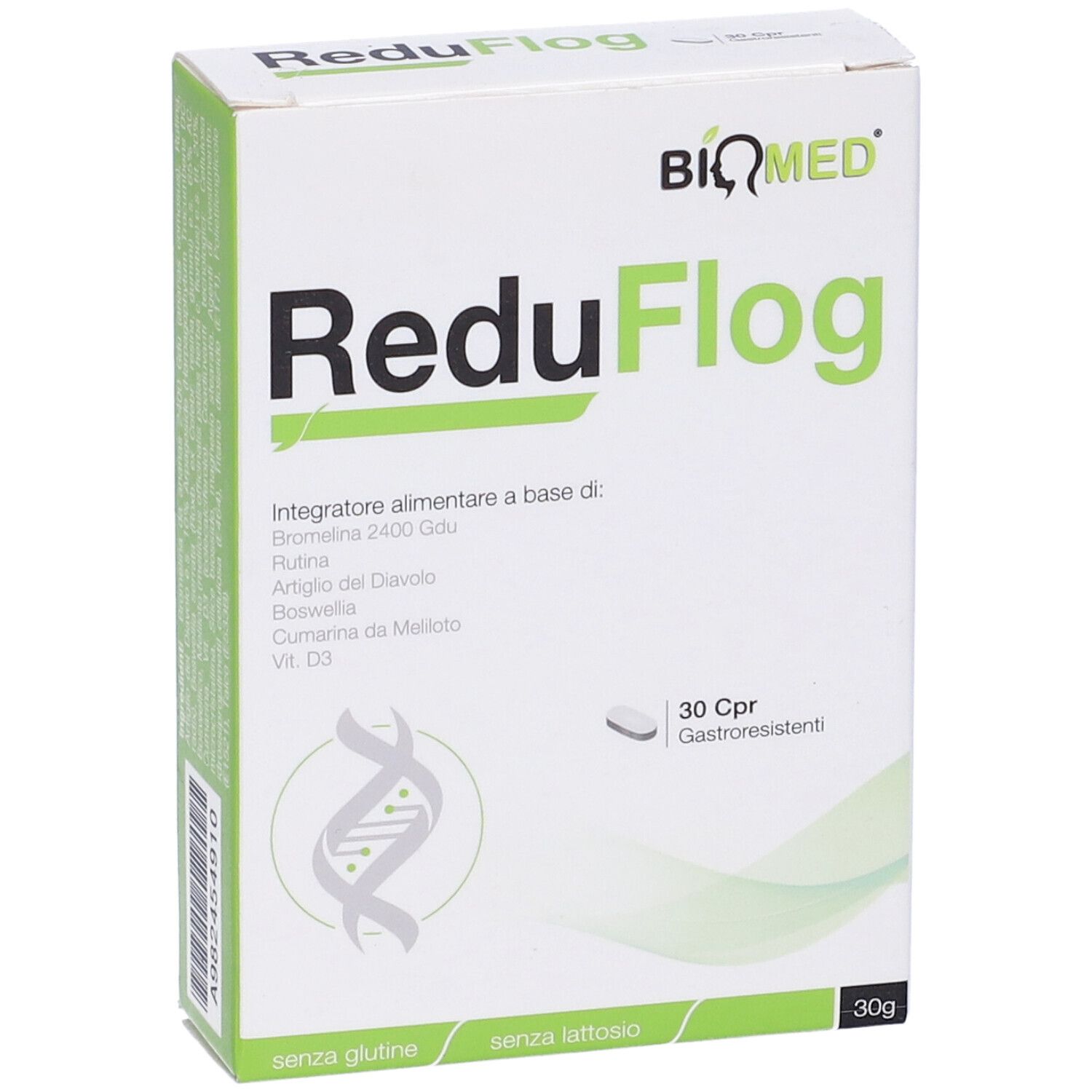 Scatola bianca "ReduFlog" con 30 compresse. Marchio BIQMED. Testo: "Integratore alimentare".