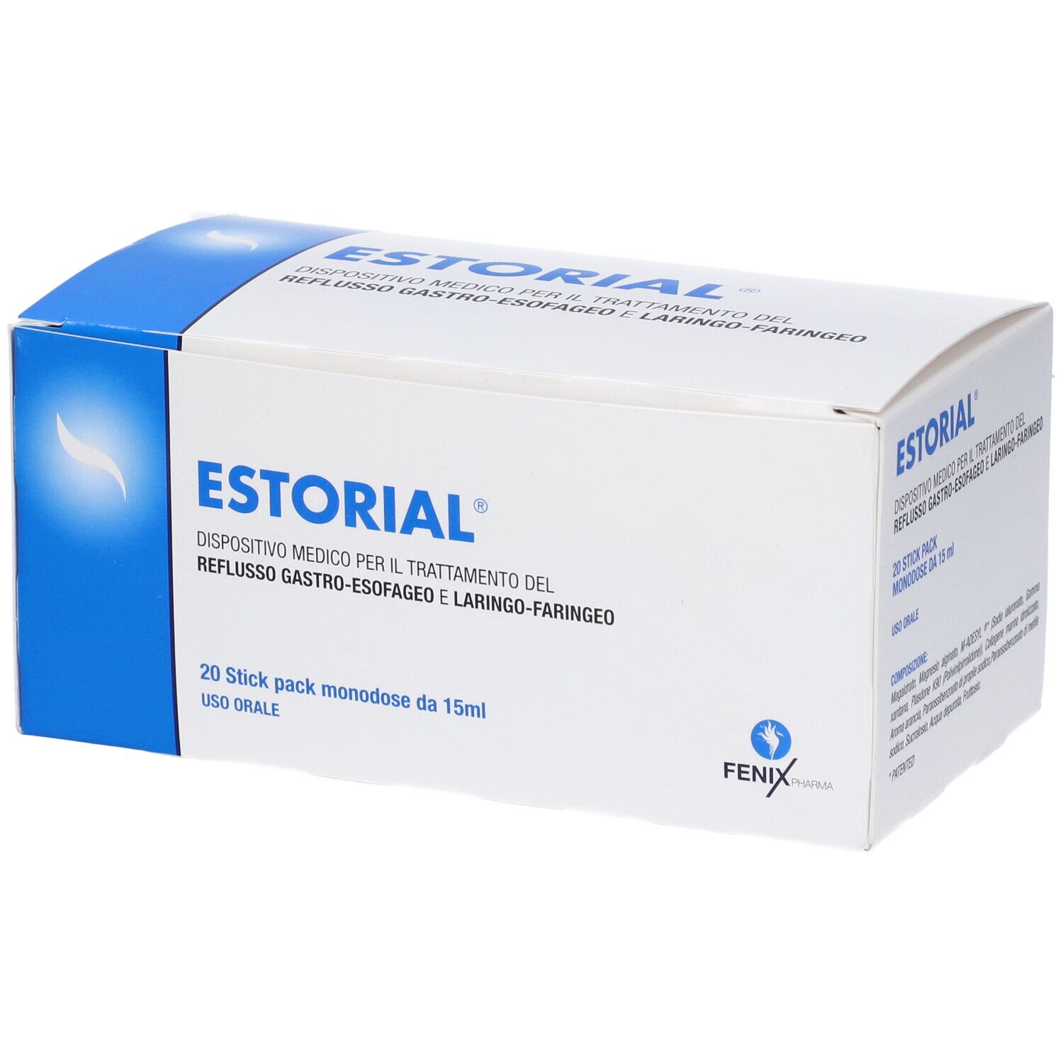 Scatola ESTORIAL. Testo: Dispositivo medico per reflusso gastroesofageo e laringo-faringeo. 20 stick pack monodose.