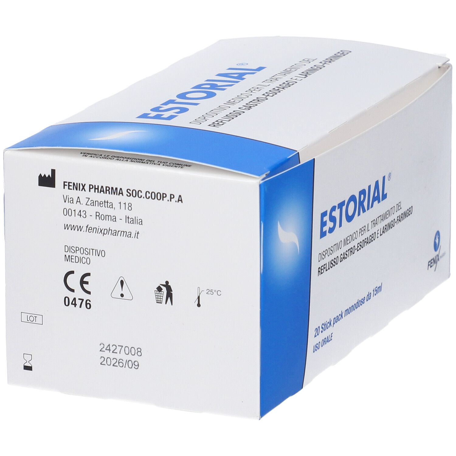 Scatola ESTORIAL. Dispositivo medico. Marchio CE. Indirizzo produttore. Scadenza. 20 stick pack monodose.