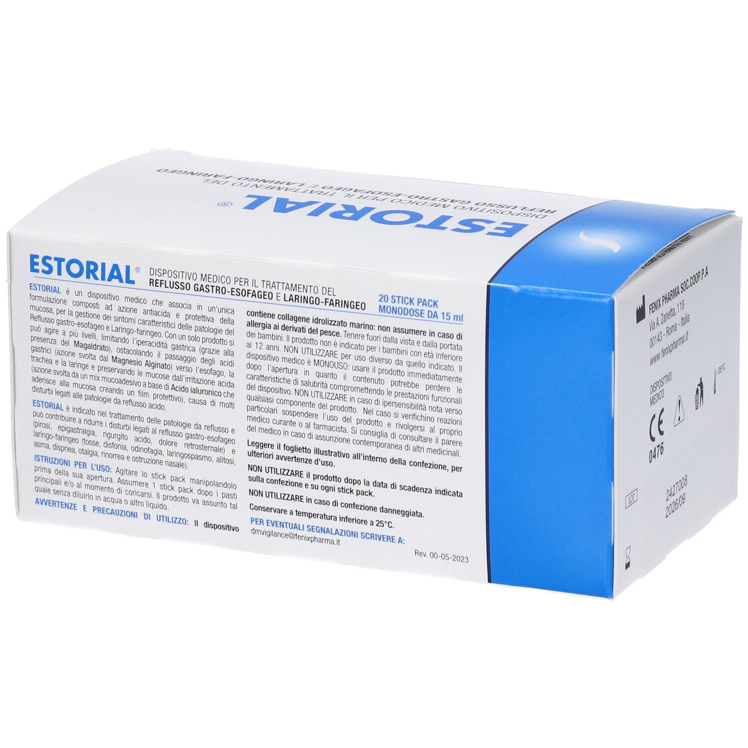 Scatola ESTORIAL. Testo: Dispositivo medico per reflusso gastroesofageo e laringo-faringeo. Ingredienti. Avvertenze.