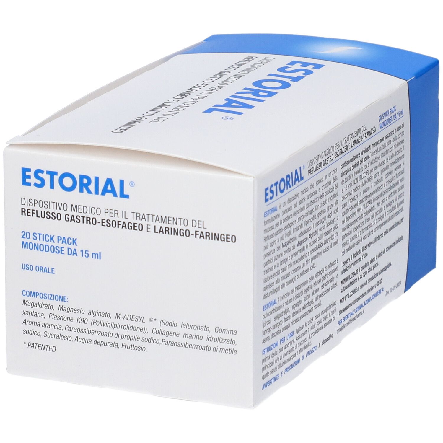 Scatola ESTORIAL. Testo: Dispositivo medico per reflusso gastroesofageo e laringo-faringeo. Ingredienti. Istruzioni per l'uso.