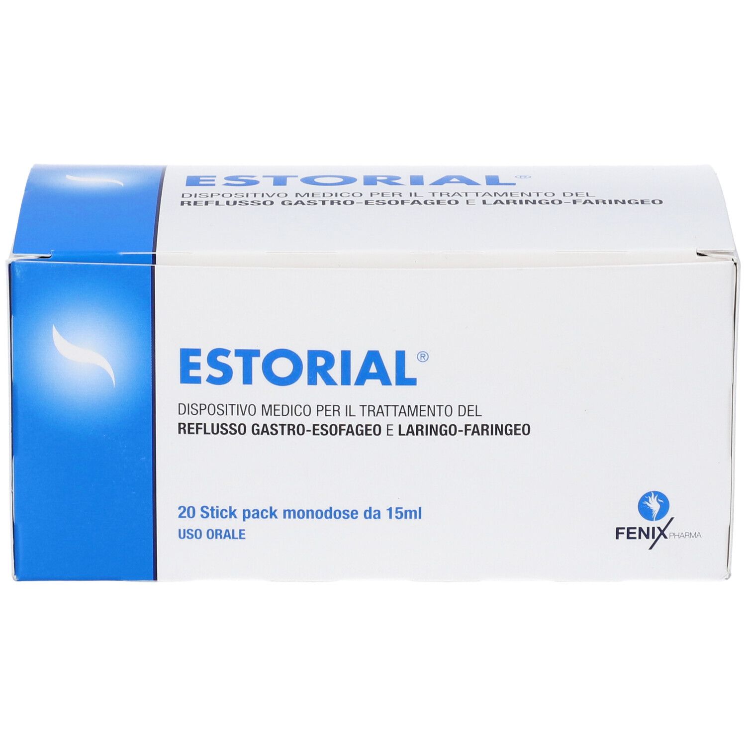 Scatola ESTORIAL. Testo: Dispositivo medico per reflusso gastroesofageo e laringo-faringeo. 20 stick pack. Logo FENIX.