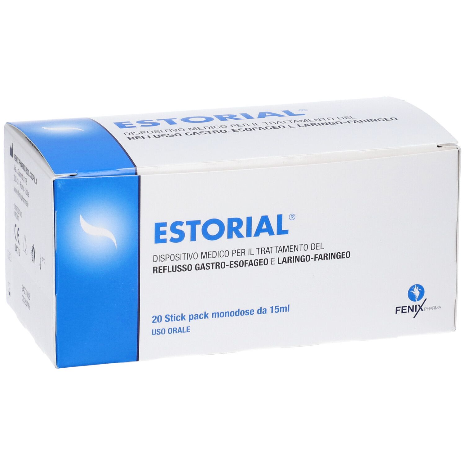 Scatola ESTORIAL. Testo: Dispositivo medico per reflusso gastroesofageo e laringo-faringeo. 20 stick pack. Logo FENIX.