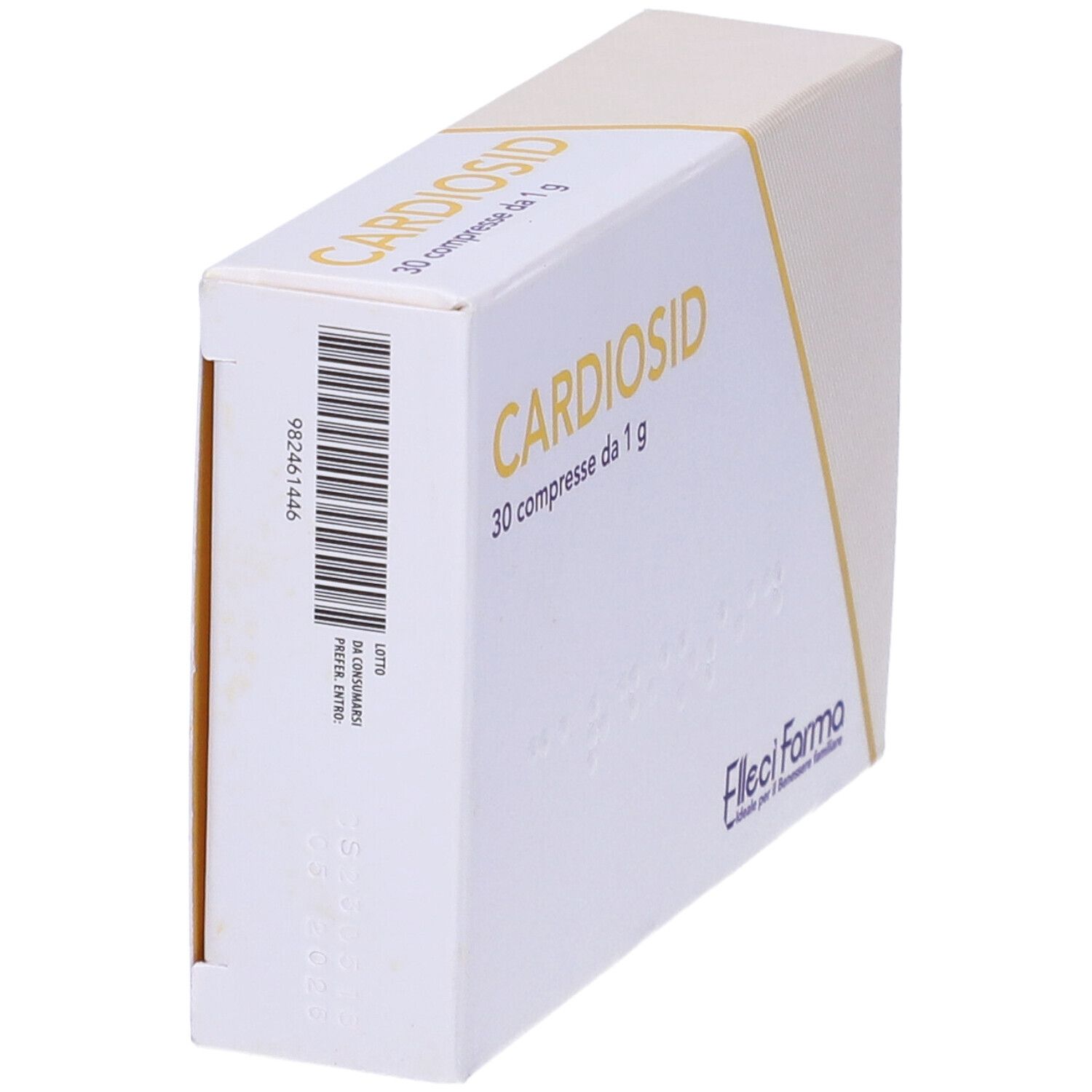Scatola bianca con 'Cardiosid' e '30 compresse da 1 g'. Codice a barre e logo 'Felleci Farma'.