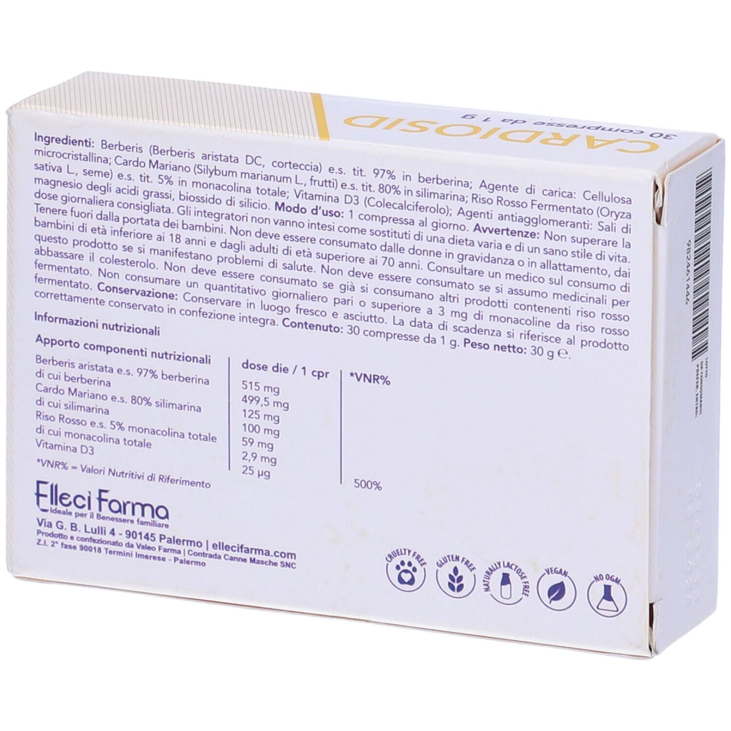 Retro della scatola con ingredienti e informazioni nutrizionali. Logo 'Felleci Farma'.