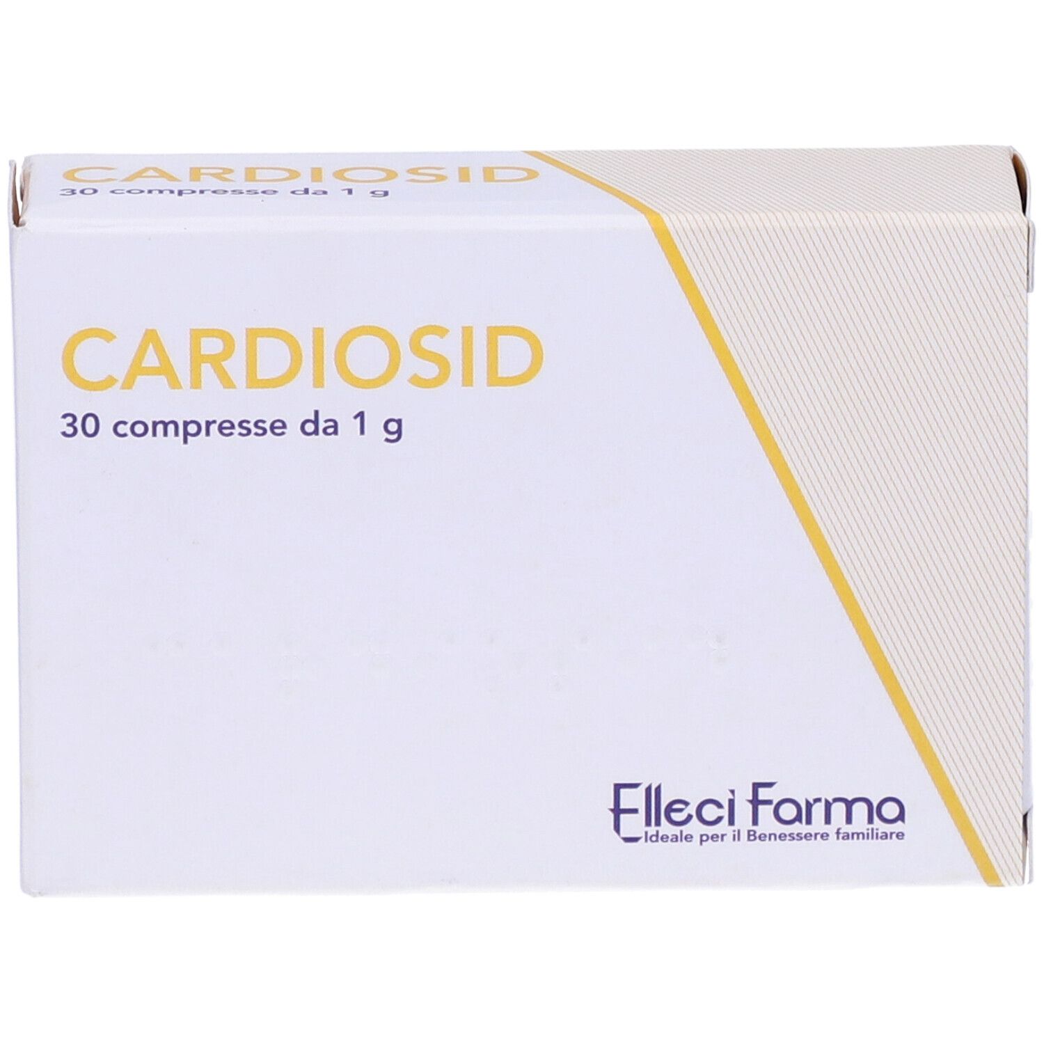 Scatola bianca con 'Cardiosid' e '30 compresse da 1 g'. Logo 'Felleci Farma'.