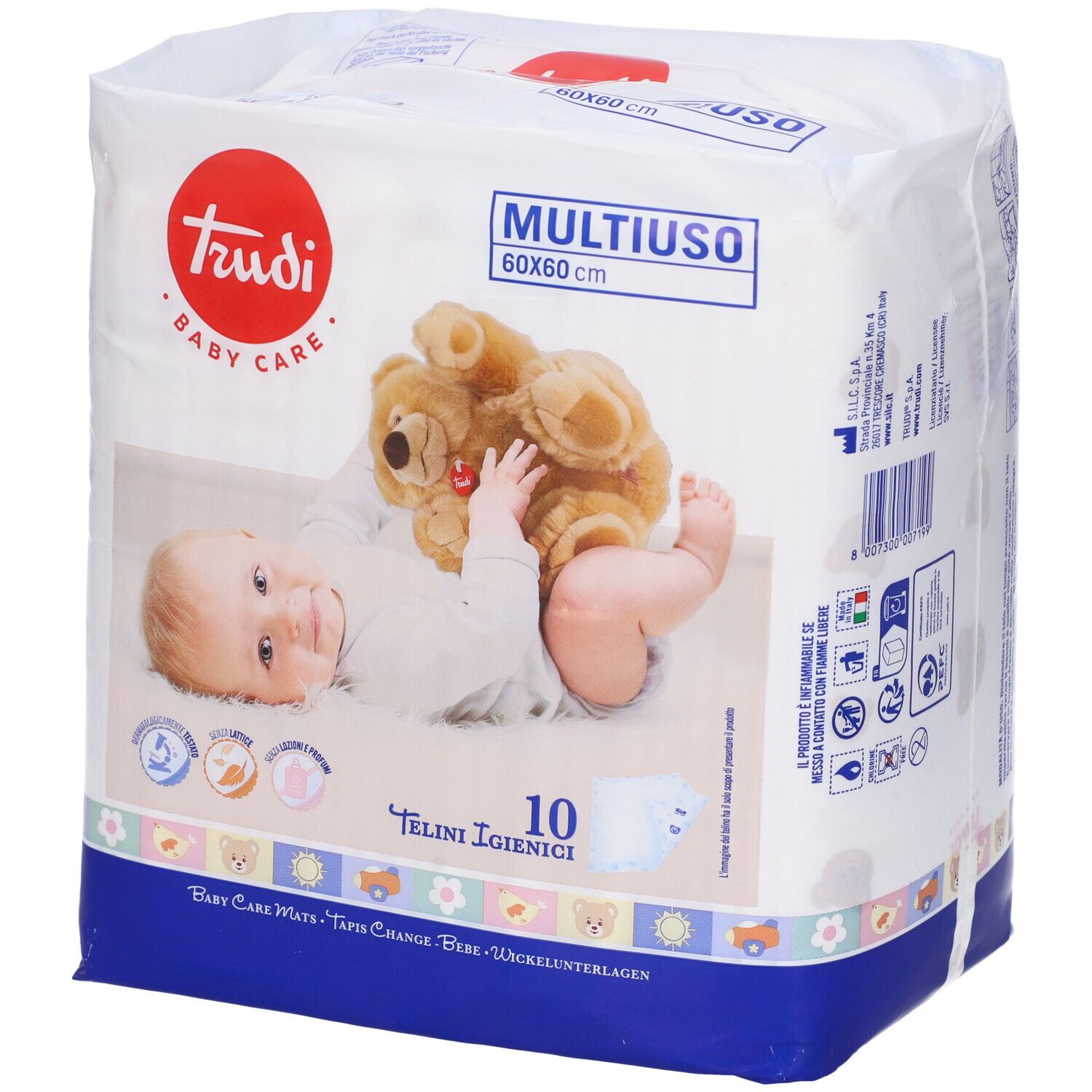 Confezione di prodotti per l'infanzia. Scritta: Trudi Baby Care, 60x60 cm, 10 pezzi. Immagine di un bambino con un orsacchiotto.