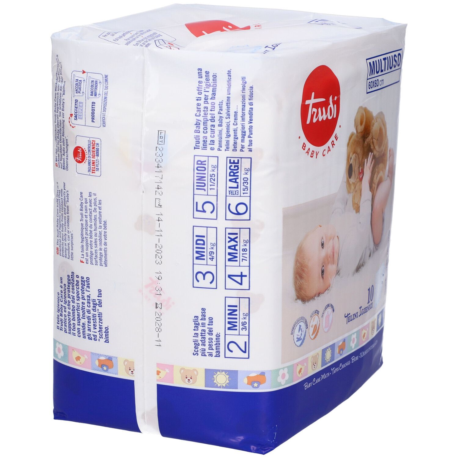 Confezione di prodotti per l'infanzia. Scritta: Trudi Baby Care, 60x60 cm, 10 pezzi. Indicazioni taglie per pannolini.