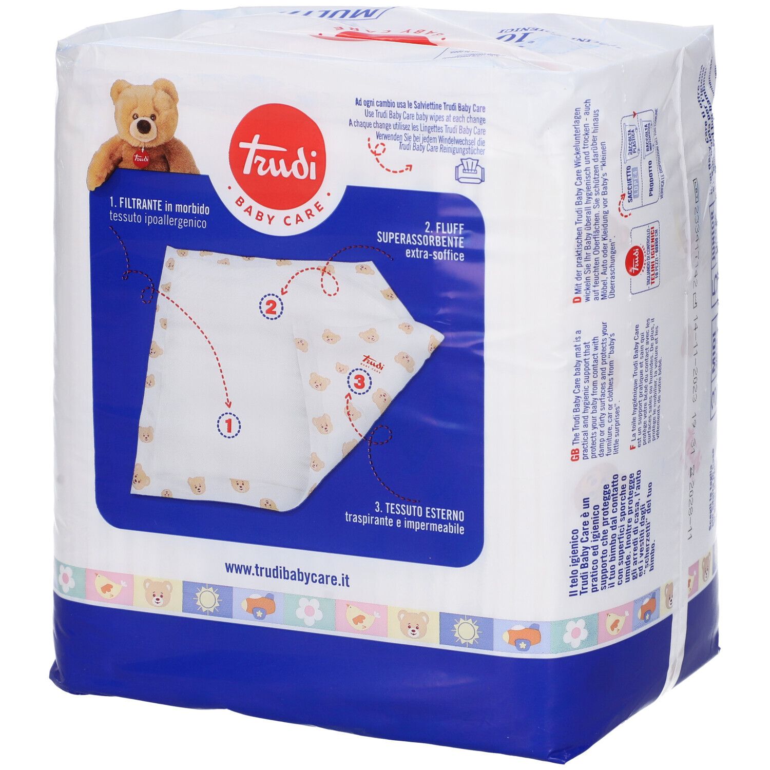 Confezione di prodotti per l'infanzia. Scritta: Trudi Baby Care. Diagramma con caratteristiche del prodotto. Testo in italiano.