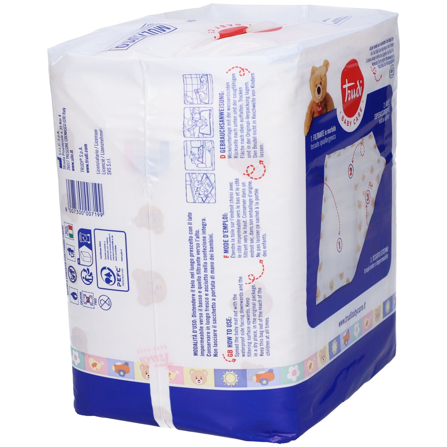 Confezione di prodotti per l'infanzia. Scritta: Trudi Baby Care. Diagramma con caratteristiche del prodotto. Testo in italiano.