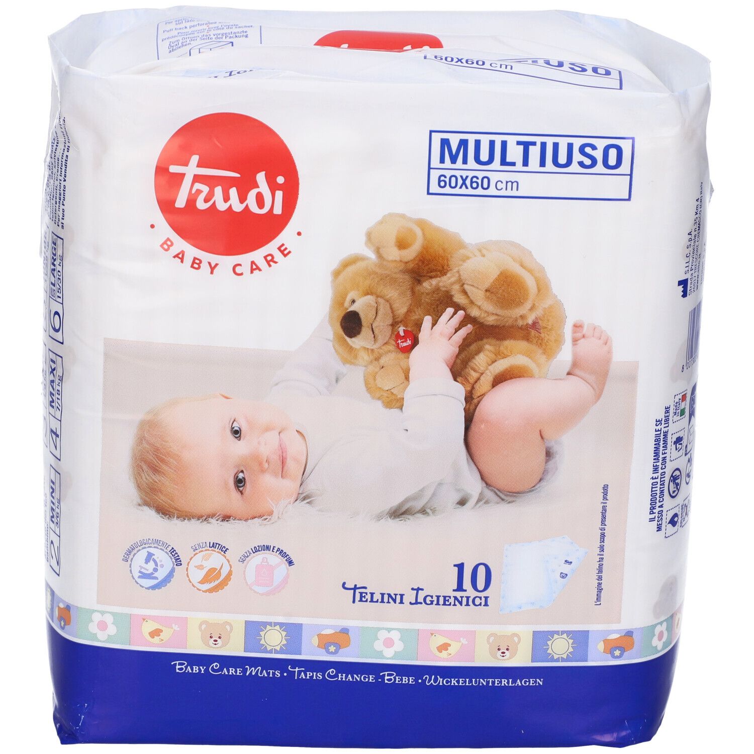 Confezione di prodotti per l'infanzia. Scritta: Trudi Baby Care, 60x60 cm, 10 pezzi. Immagine di un bambino con un orsacchiotto.