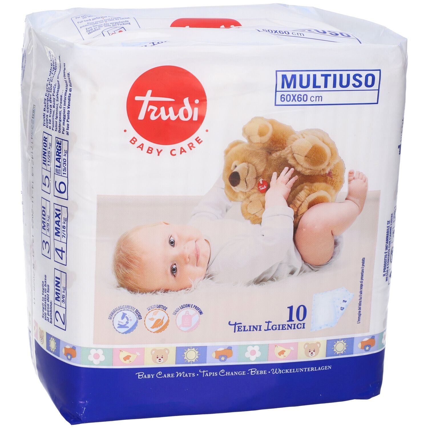 Confezione di prodotti per l'infanzia. Scritta: Trudi Baby Care, 60x60 cm, 10 pezzi. Immagine di un bambino con un orsacchiotto.