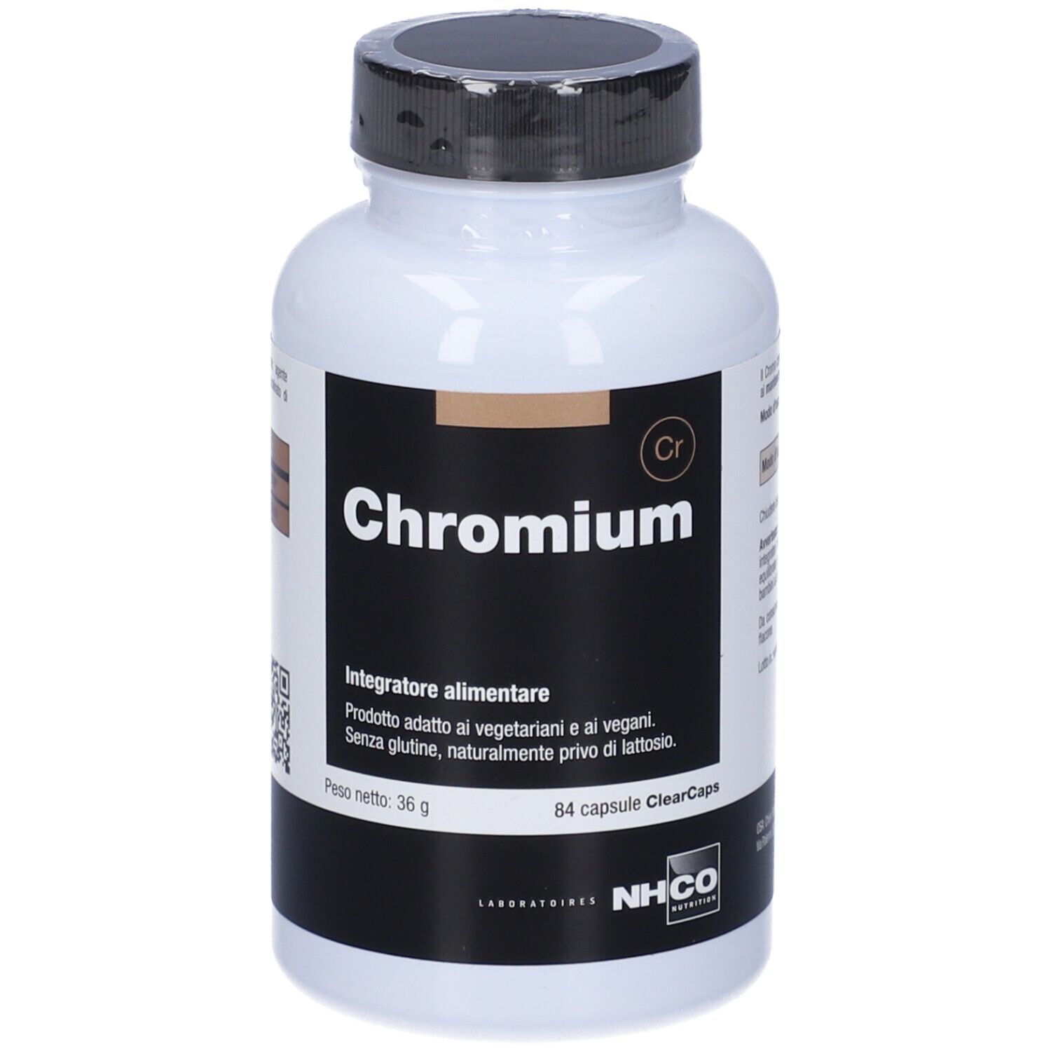 Flacone bianco, tappo nero. Scritta: Chromium. 84 capsule. Marchio: NHCO.