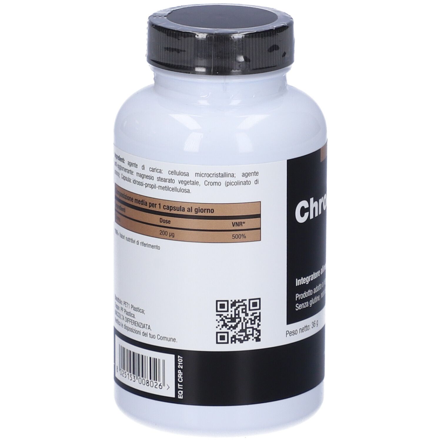 Flacone bianco, tappo nero. Retro con informazioni e QR code. Marchio: NHCO.