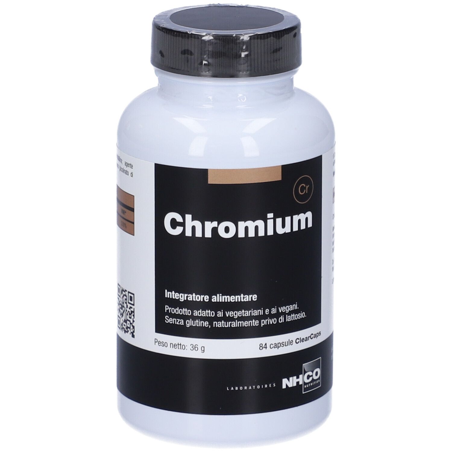 Flacone bianco, tappo nero. Scritta: Chromium. 84 capsule. Marchio: NHCO.