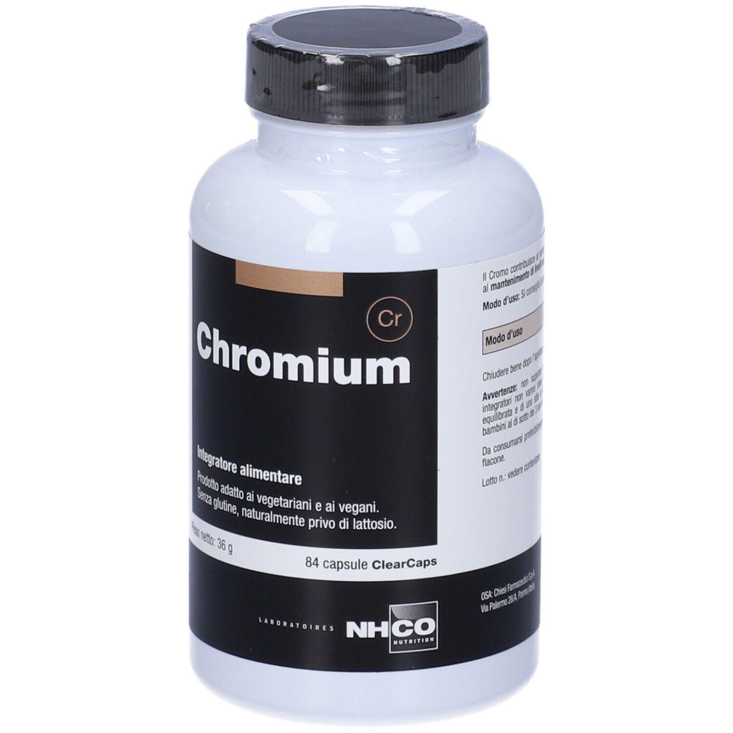 Flacone bianco, tappo nero. Scritta: Chromium. 84 capsule. Marchio: NHCO.