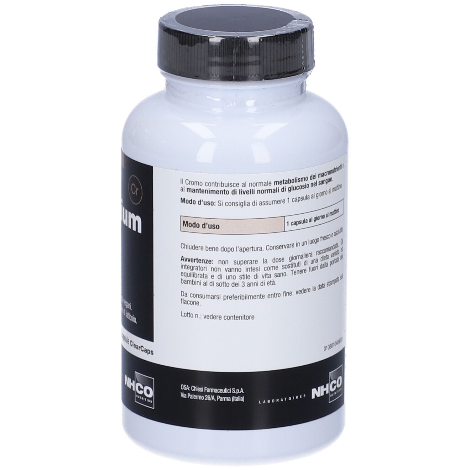 Flacone bianco, tappo nero. Scritta: Chromium. 84 capsule. Marchio: NHCO.